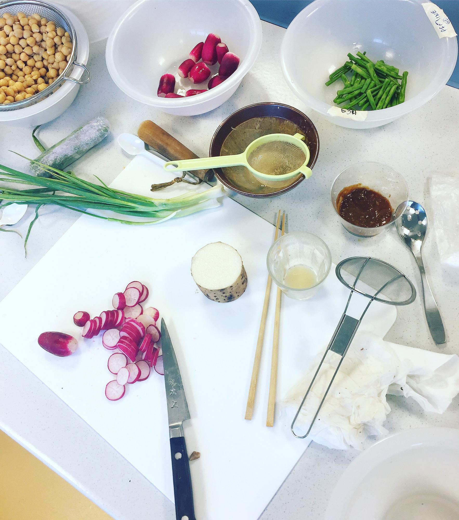 Workshop table with fresh ingredients and utensils