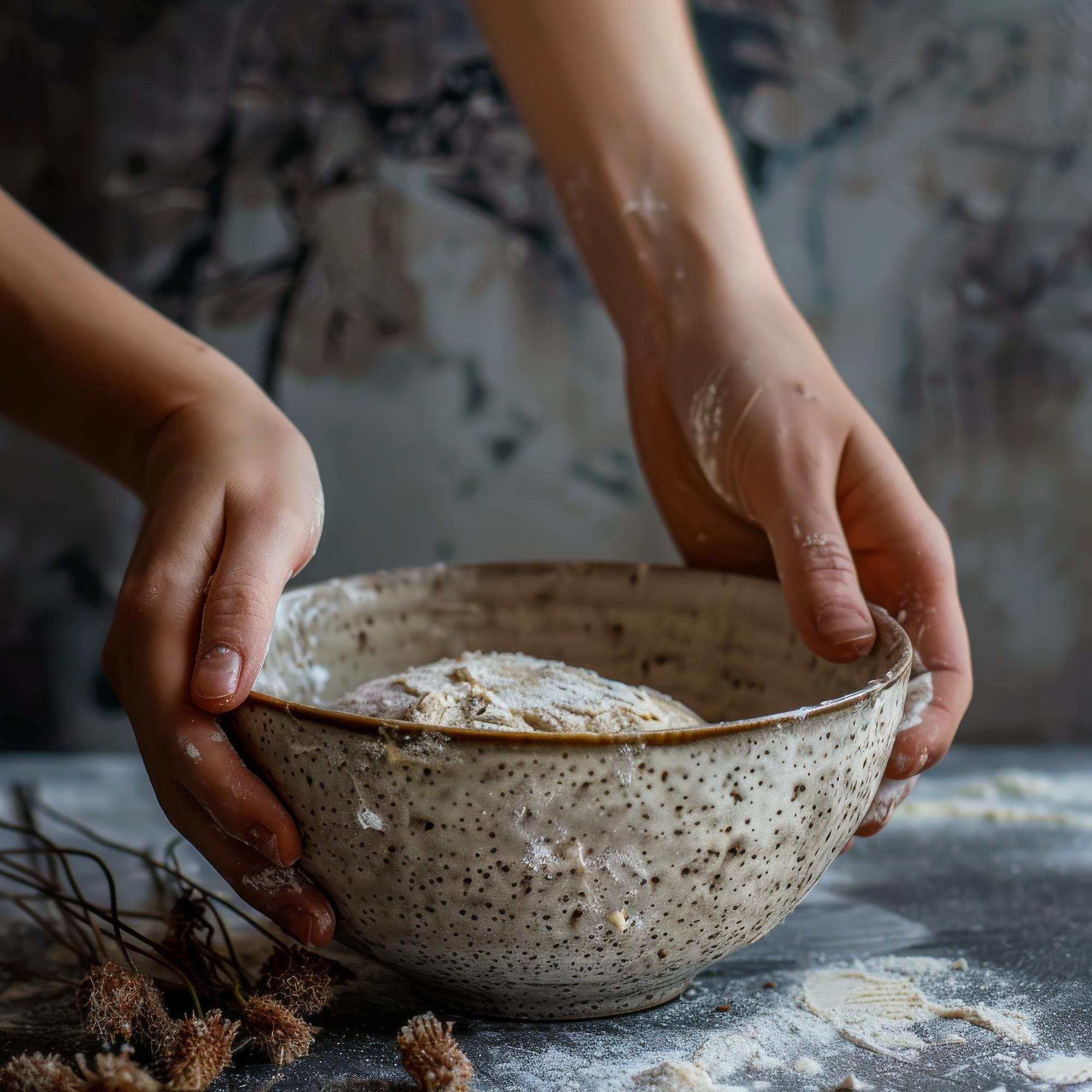 Hands kneading dough in rustic bowl