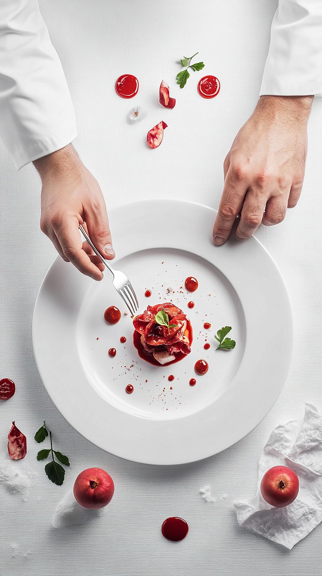 Chef preparing a plated dish in a minimal kitchen